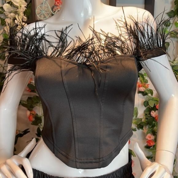Micas Feathered Trim Off the Shoulders Satin Corset Style Crop Top RefHHH‎ - Picture 10 of 12